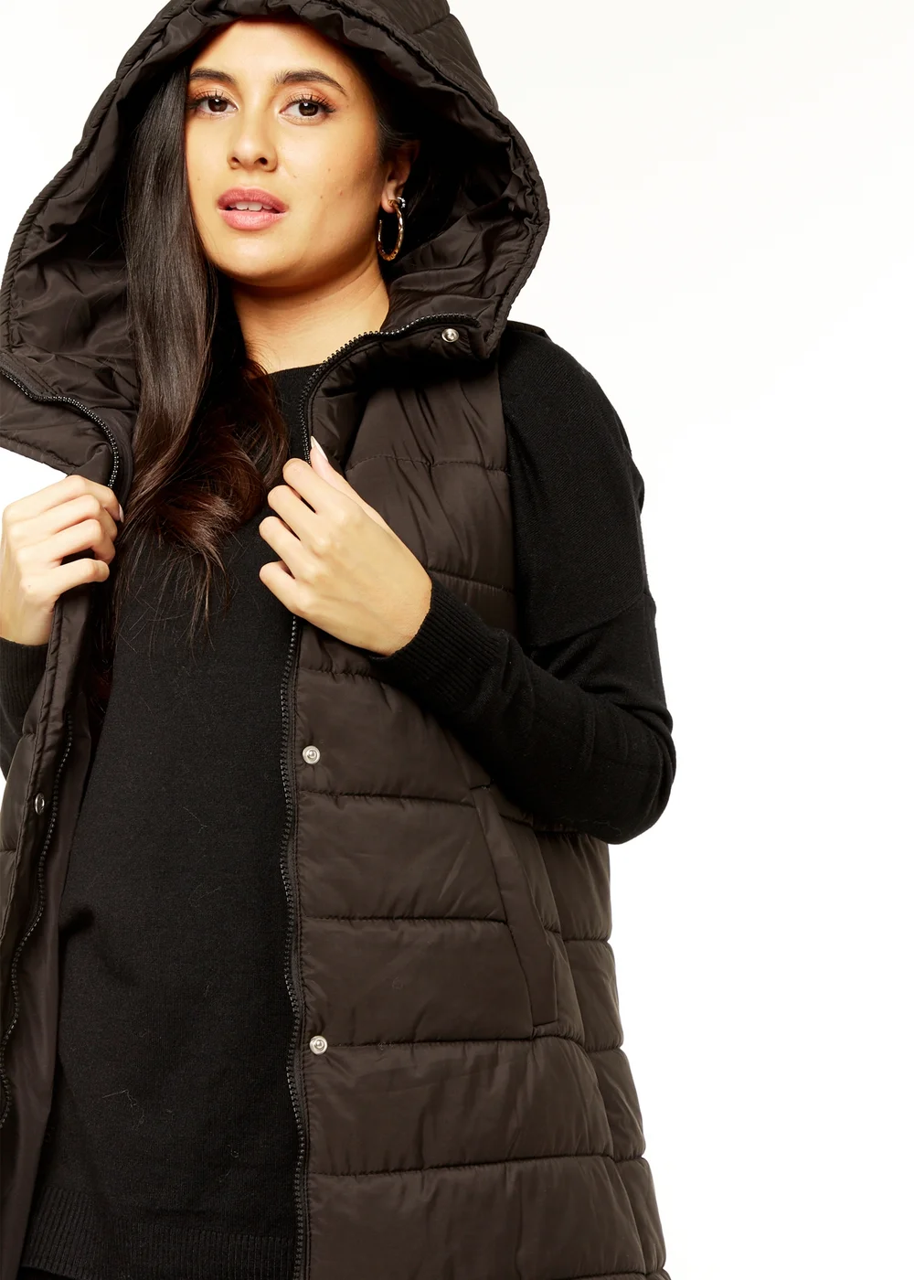 Gini London Black Longline Padded Hooded Gilet - S/M Image 3