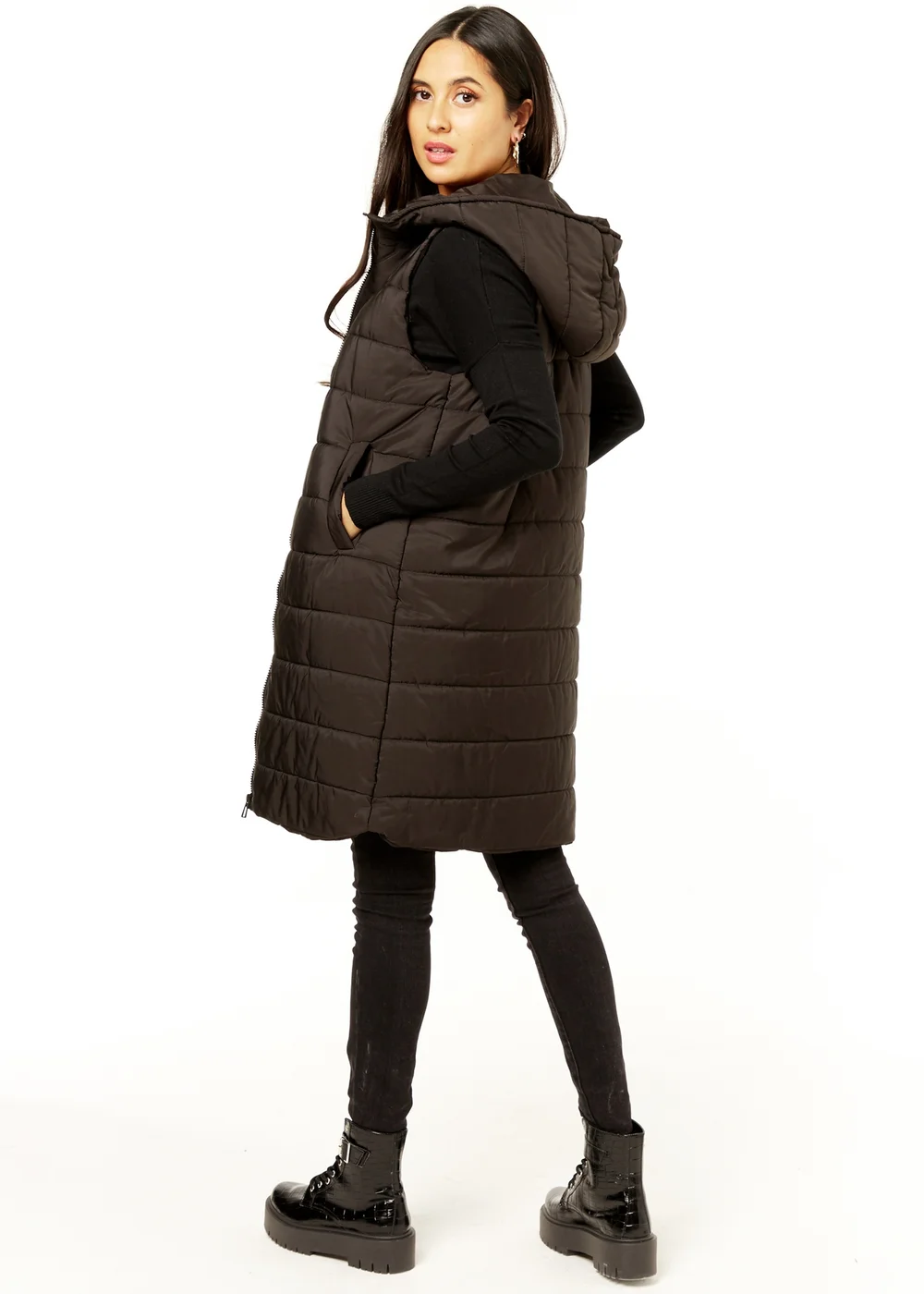 Gini London Black Longline Padded Hooded Gilet - S/M Image 2