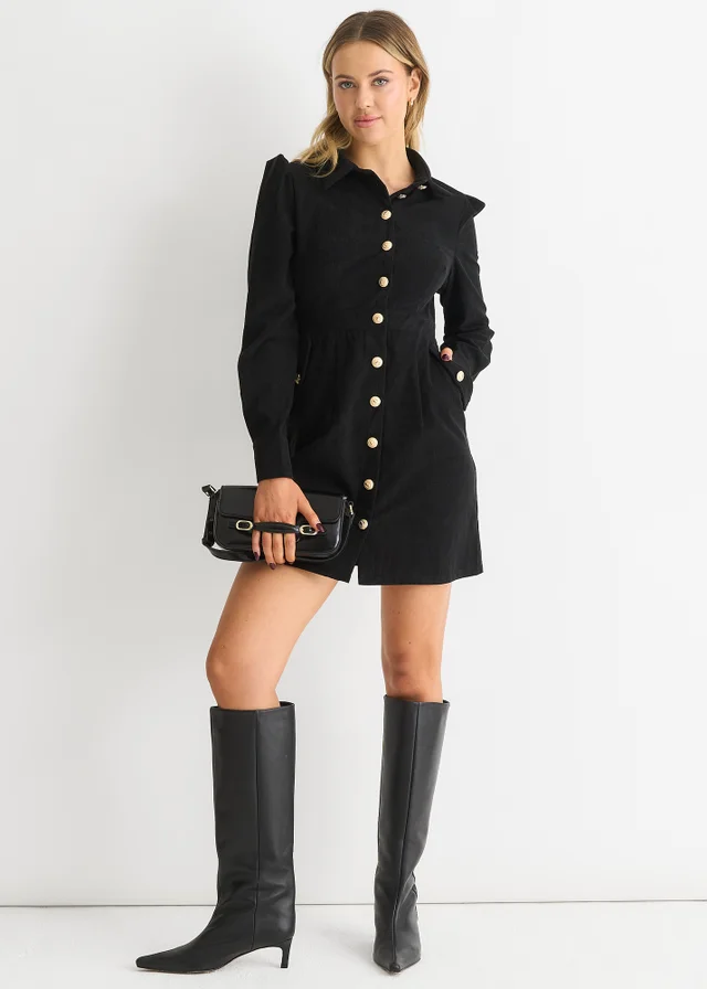 Gini London Black Corduroy Mini Shirt Dress