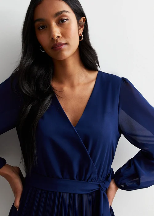 Gini London Navy Pleated Hanky Hem Wrap Midi Dress - Size 8 Image 3