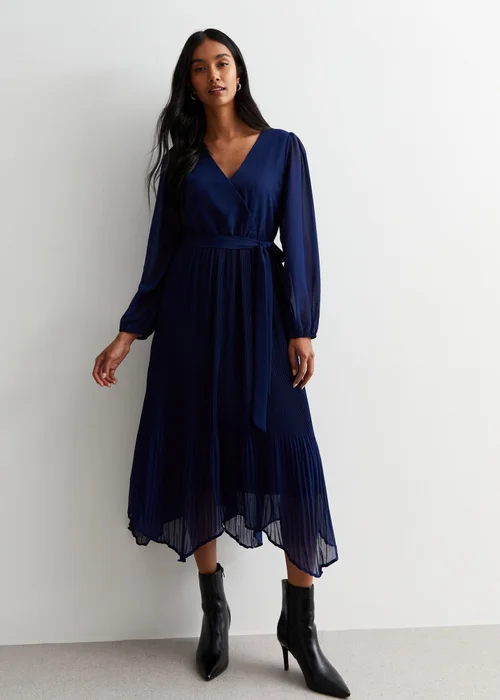 Gini London Navy Pleated Hanky Hem Wrap Midi Dress - Size 8 Image 1