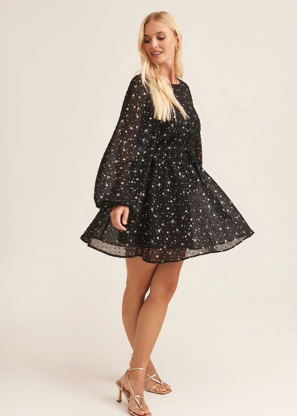 Gini London Black Star Print Long Sleeve Mini Dress - S/M Image 4