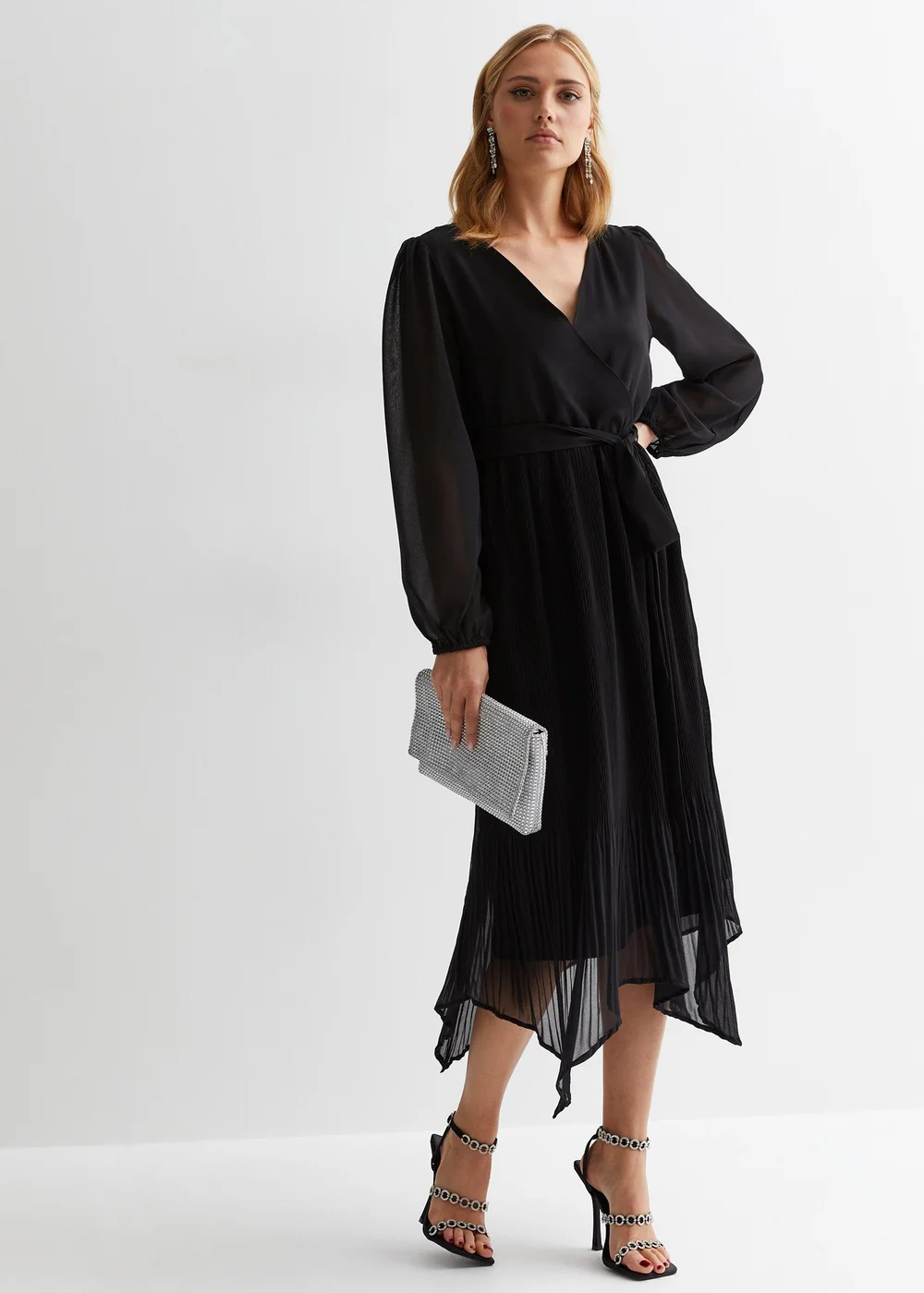 Gini London Black Pleated Hanky Hem Wrap Midi Dress - Size 8 Image 4