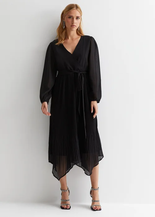 Gini London Black Pleated Hanky Hem Wrap Midi Dress - Size 8 Image 1
