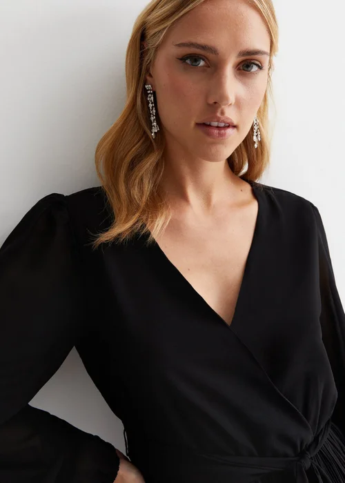 Gini London Black Pleated Hanky Hem Wrap Midi Dress - Size 8 Image 3