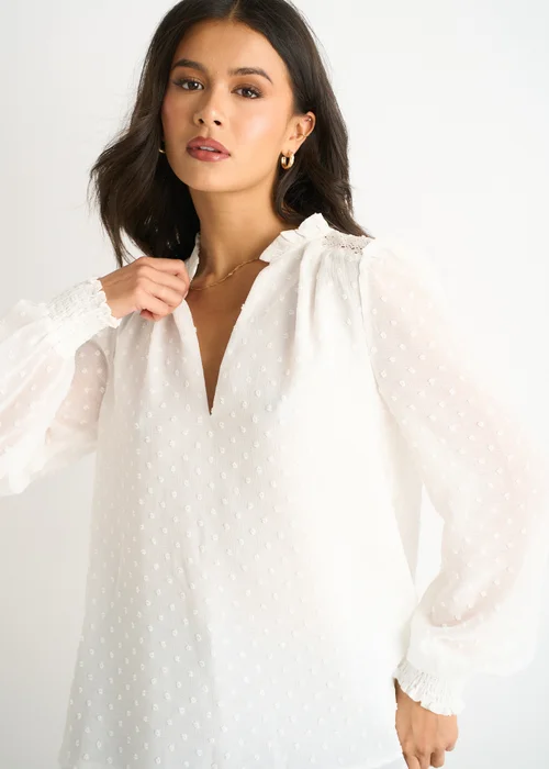 Gini London White Dobby Chiffon Frill Neck Blouse - 10 Image 3