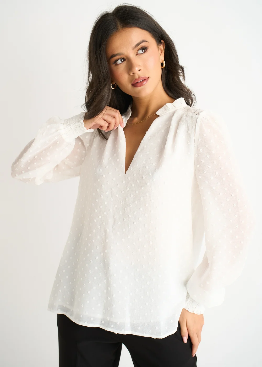 Gini London White Dobby Chiffon Frill Neck Blouse - 10 Image 1