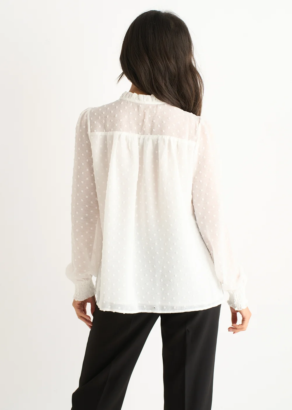 Gini London White Dobby Chiffon Frill Neck Blouse - 10 Image 2