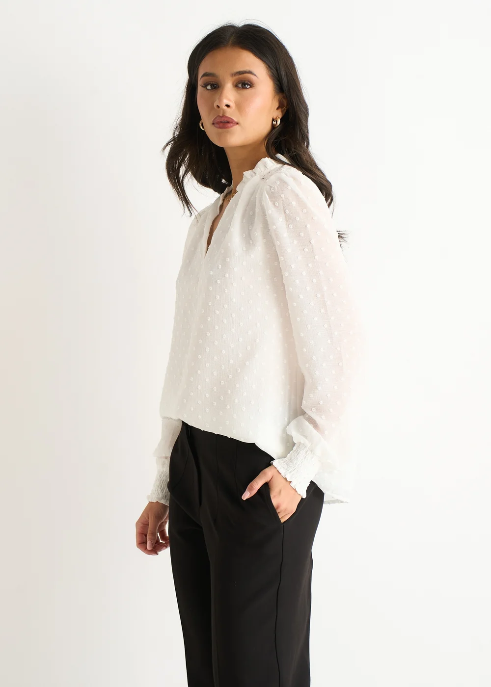 Gini London White Dobby Chiffon Frill Neck Blouse - 10 Image 4