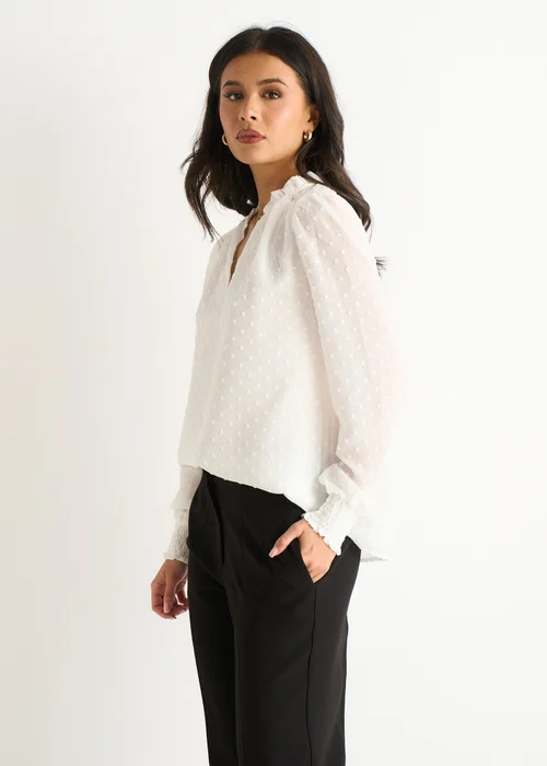 Gini London White Dobby Chiffon Frill Neck Blouse - 10 Image 4