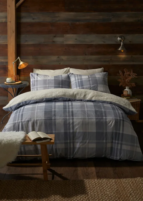 Fusion Snug Mulford Check Grey Plush Duvet Cover Set - Single Image 1