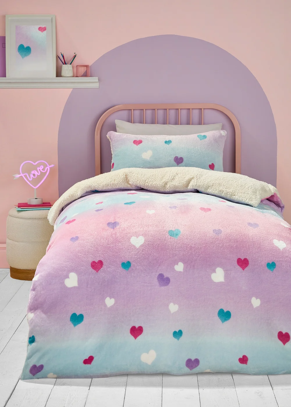 Bedlam Cosy Ombre Heart Pink Plush Duvet Cover Set - Single Image 1