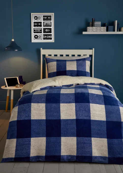 Bedlam Cosy Theo Check Blue Plush Duvet Cover Set - Single Image 1