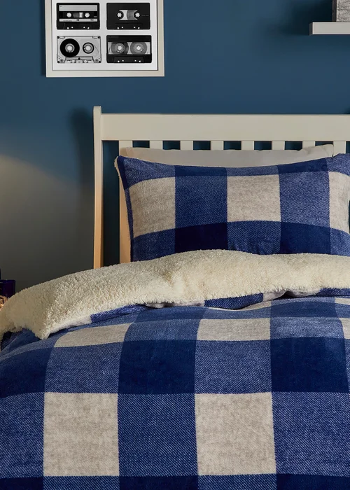Bedlam Cosy Theo Check Blue Plush Duvet Cover Set - Single Image 2