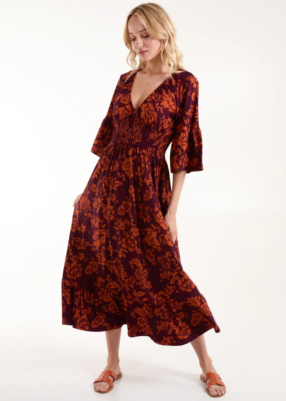 Blue Vanilla Burgundy Elasticated Neck Shirred Waist Midi Dress - S | Matalan Blue Vanilla Burgundy Elasticated Neck Shirred Waist Midi Dress - S | Matalan