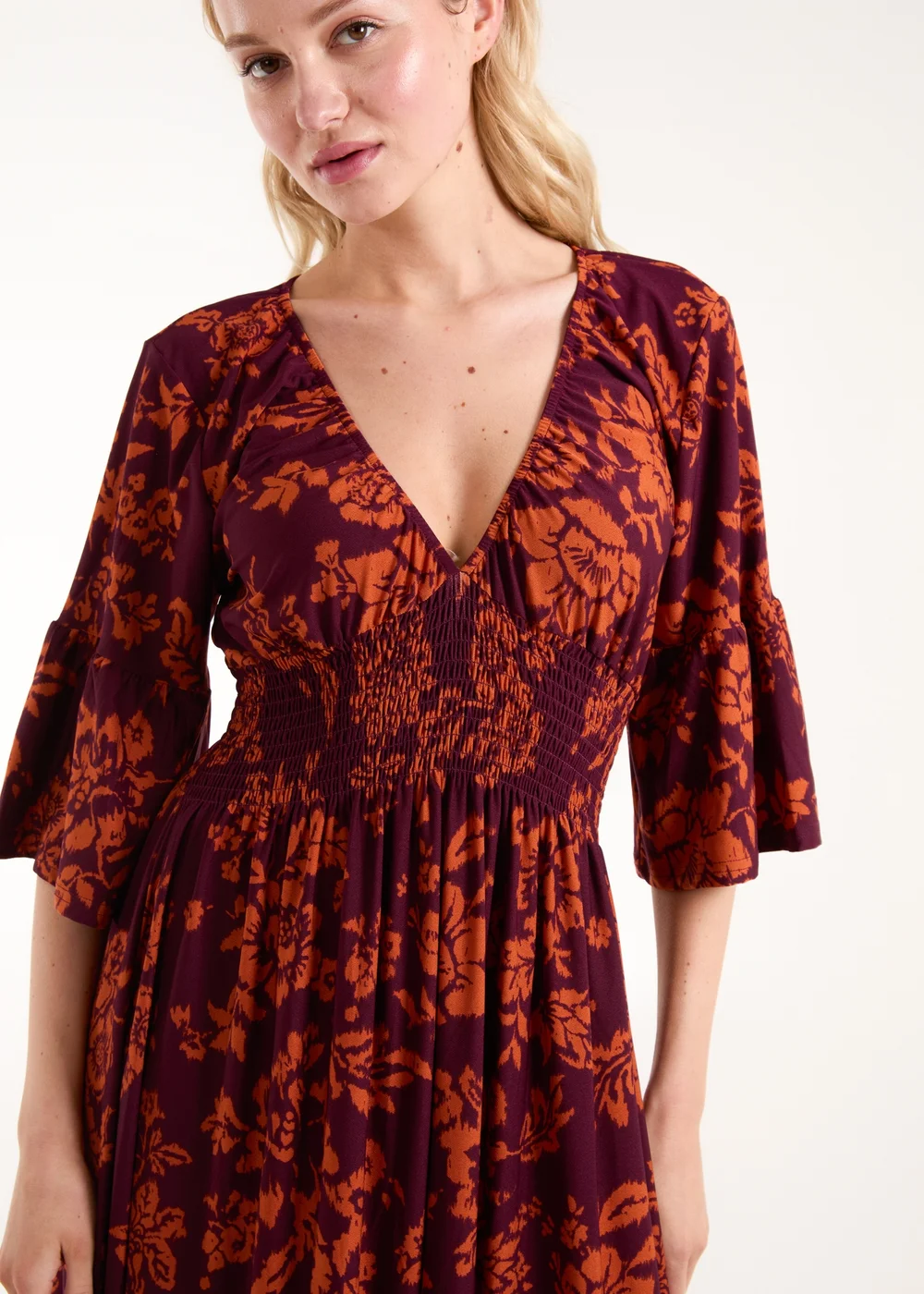 Blue Vanilla Burgundy Elasticated Neck Shirred Waist Midi Dress - S Image 3