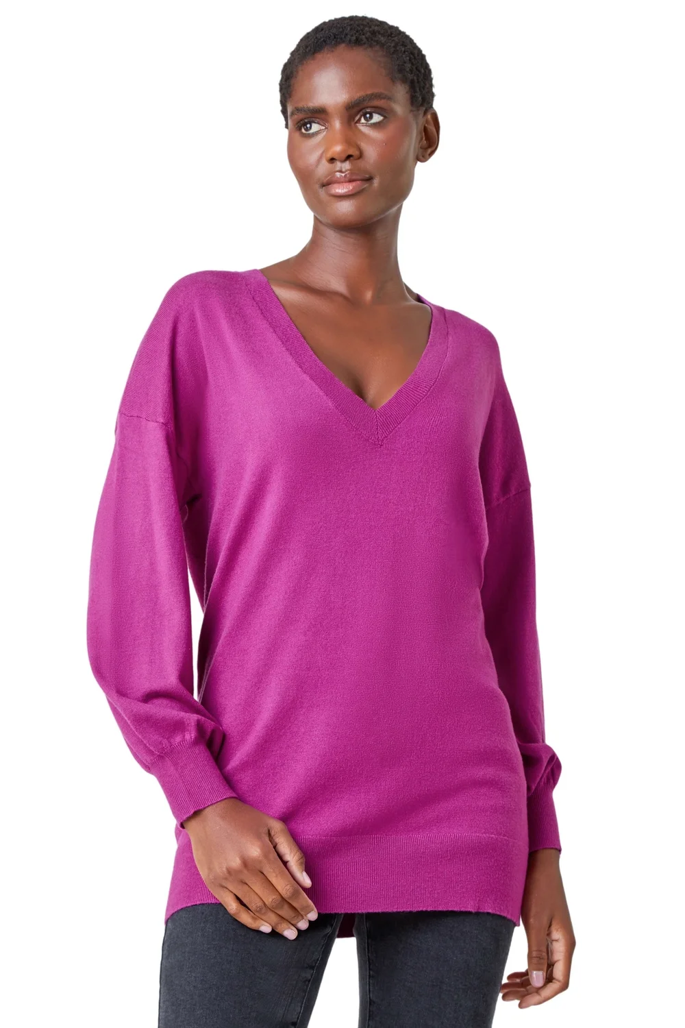 Roman Magenta Stretch V-Neck Longline Jumper - 10 Image 1
