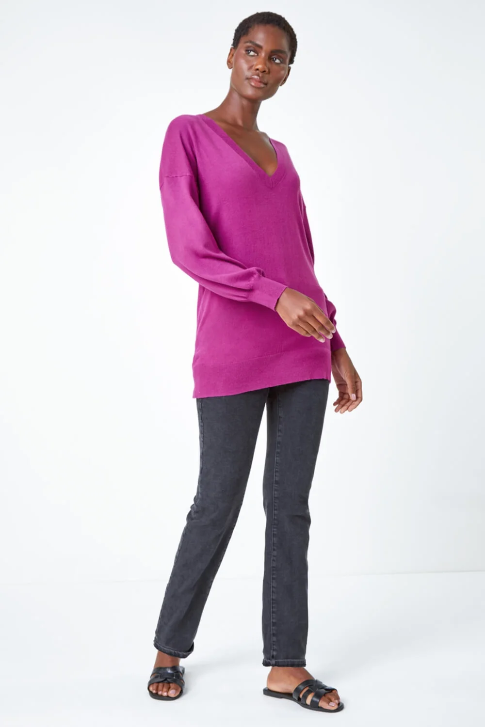 Roman Magenta Stretch V-Neck Longline Jumper - 10 Image 2