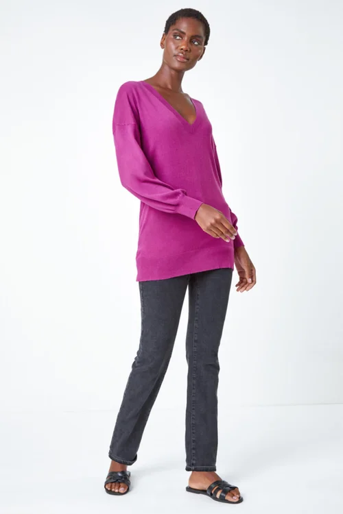 Roman Magenta Stretch V-Neck Longline Jumper - 10 Image 2