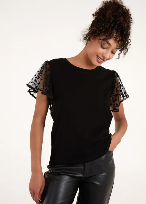 Blue Vanilla Black Polka Dot Mesh Sleeve T-Shirt - Small Image 1