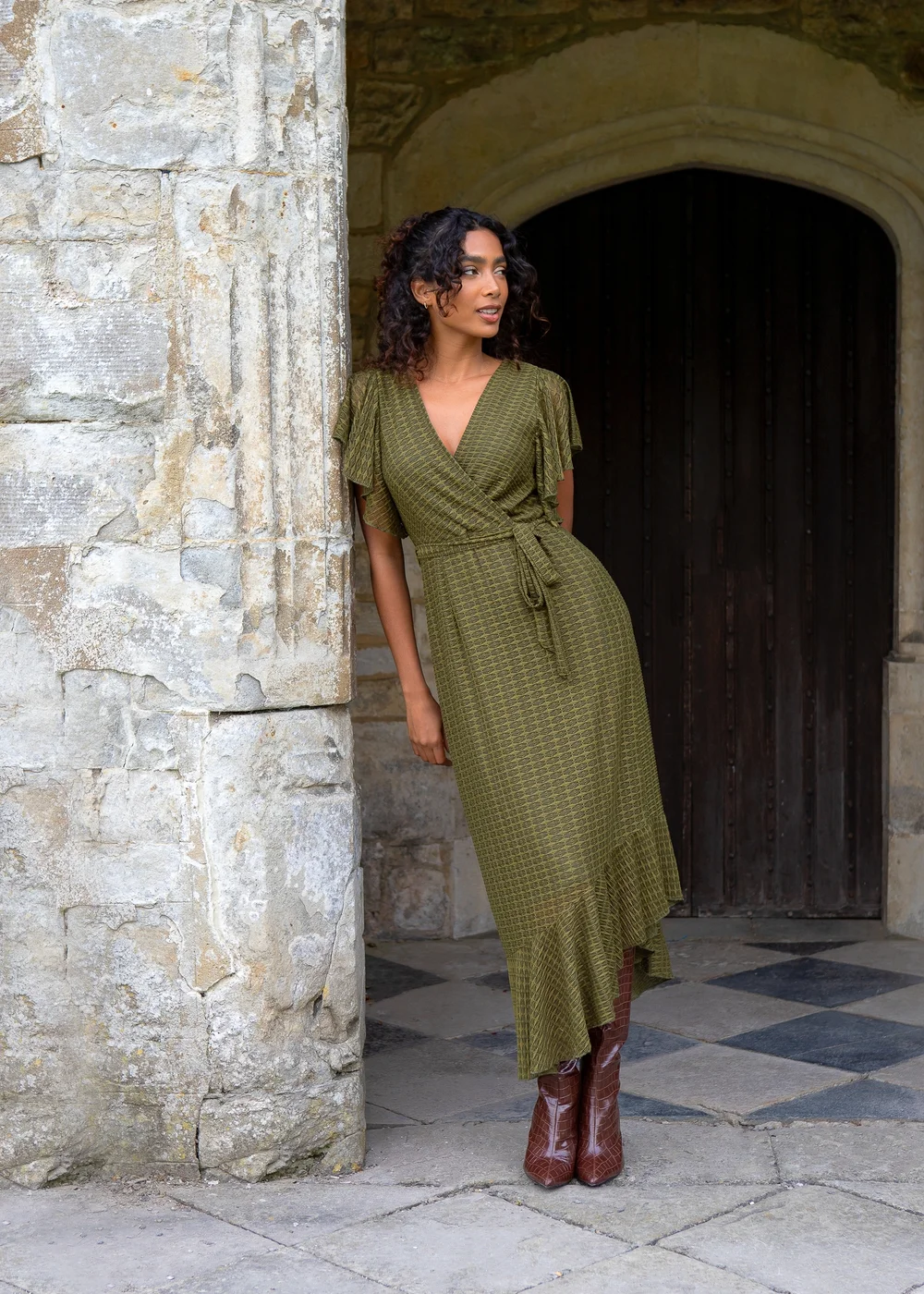 Blue Vanilla Khaki Lace Wrap Midi Dress - 10 | Matalan Blue Vanilla Khaki Lace Wrap Midi Dress - 10 | Matalan