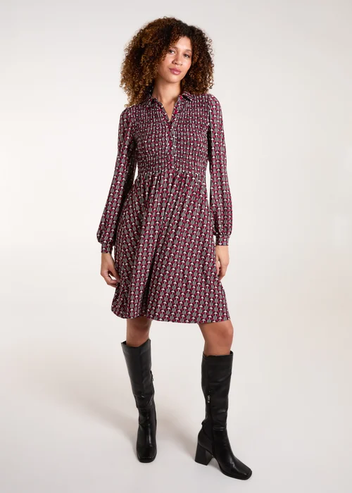 Blue Vanilla Red Shirred Bust Long Sleeve Mini Shirt Dress - S Image 4