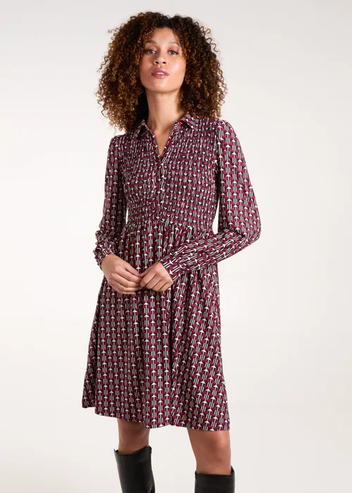 Blue Vanilla Red Shirred Bust Long Sleeve Mini Shirt Dress - S Image 1