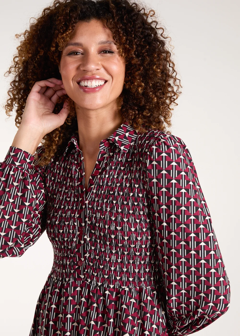 Blue Vanilla Red Shirred Bust Long Sleeve Mini Shirt Dress - S Image 3