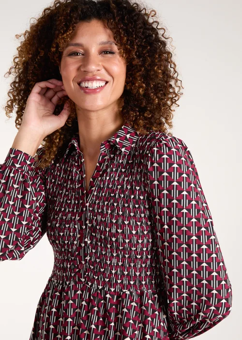 Blue Vanilla Red Shirred Bust Long Sleeve Mini Shirt Dress - S Image 3