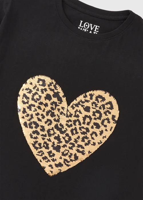 Girls Black Sequin Leopard Heart T-Shirt (7-15yrs) - 7 Yrs Image 2