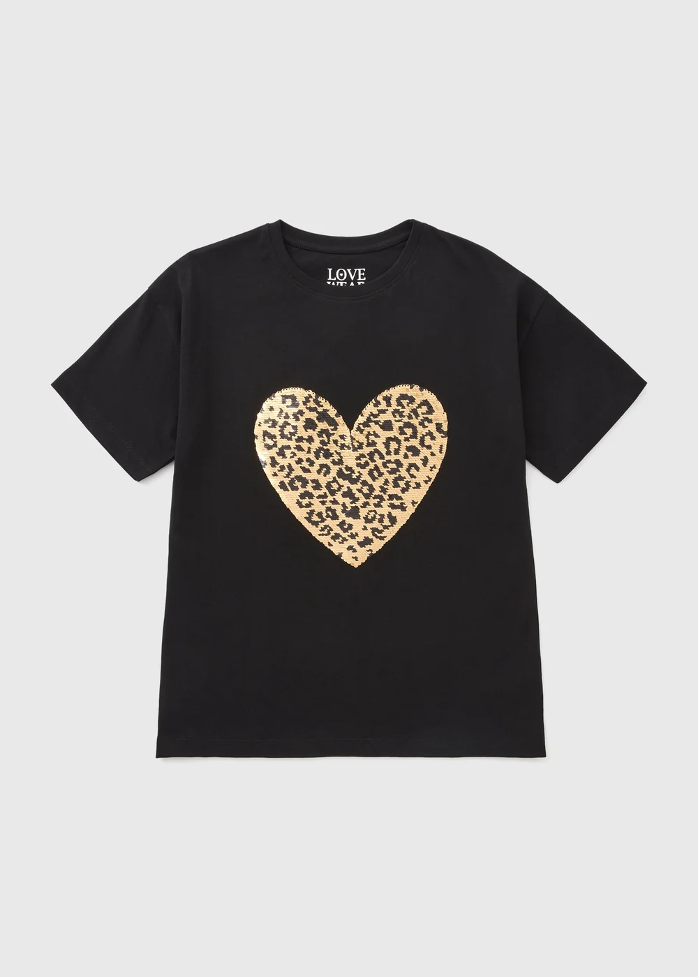 Girls Black Sequin Leopard Heart T-Shirt (7-15yrs) - 7 Yrs Image 1