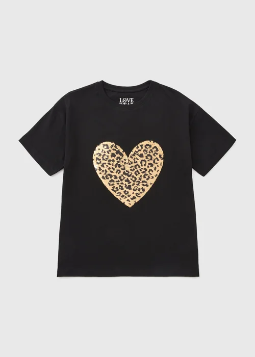 Girls Black Sequin Leopard Heart T-Shirt (7-15yrs) - 7 Yrs Image 1