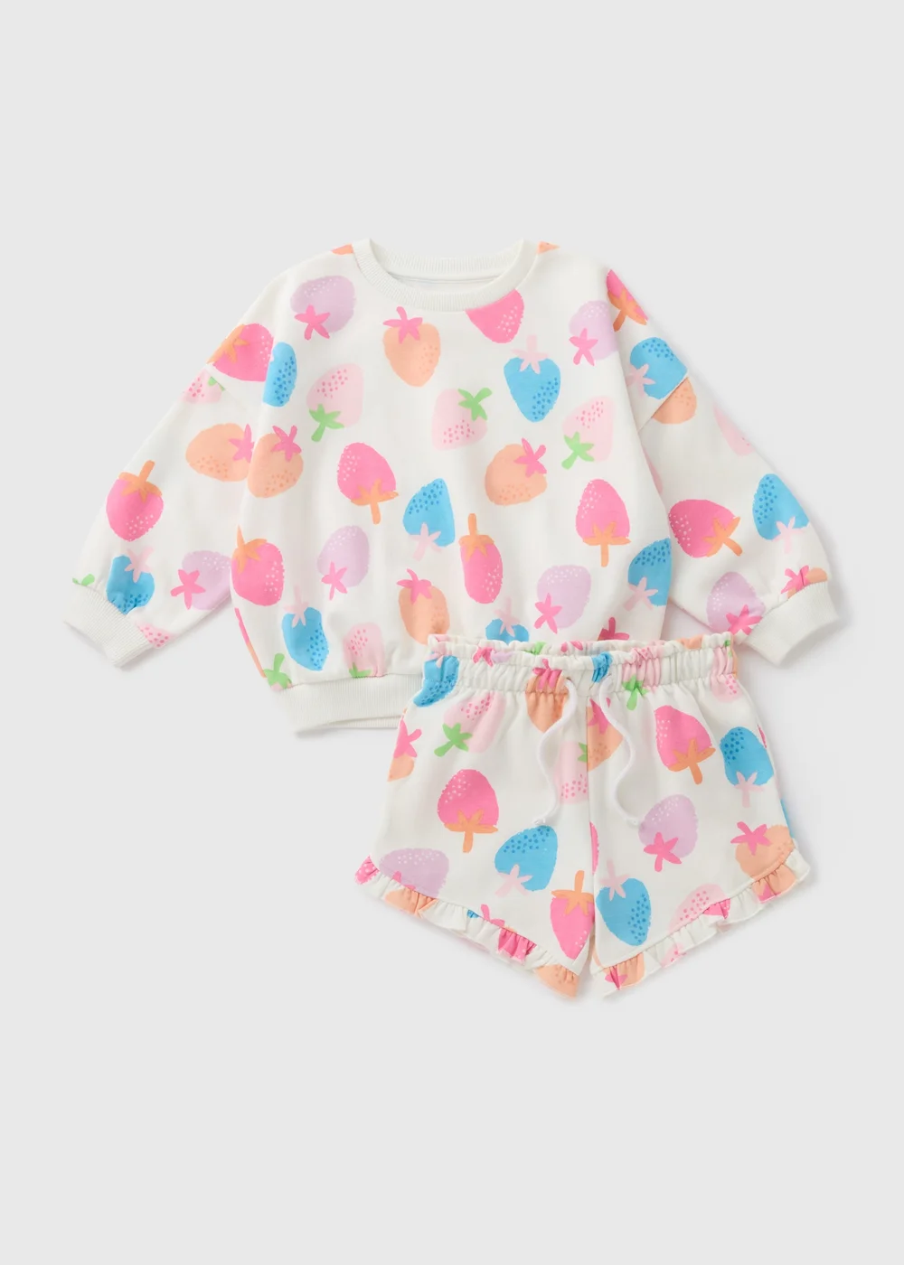Girls Cream Strawberry Sweatshirt & Shorts Set (1-7yrs) - 1-1.5 Yrs Image 1