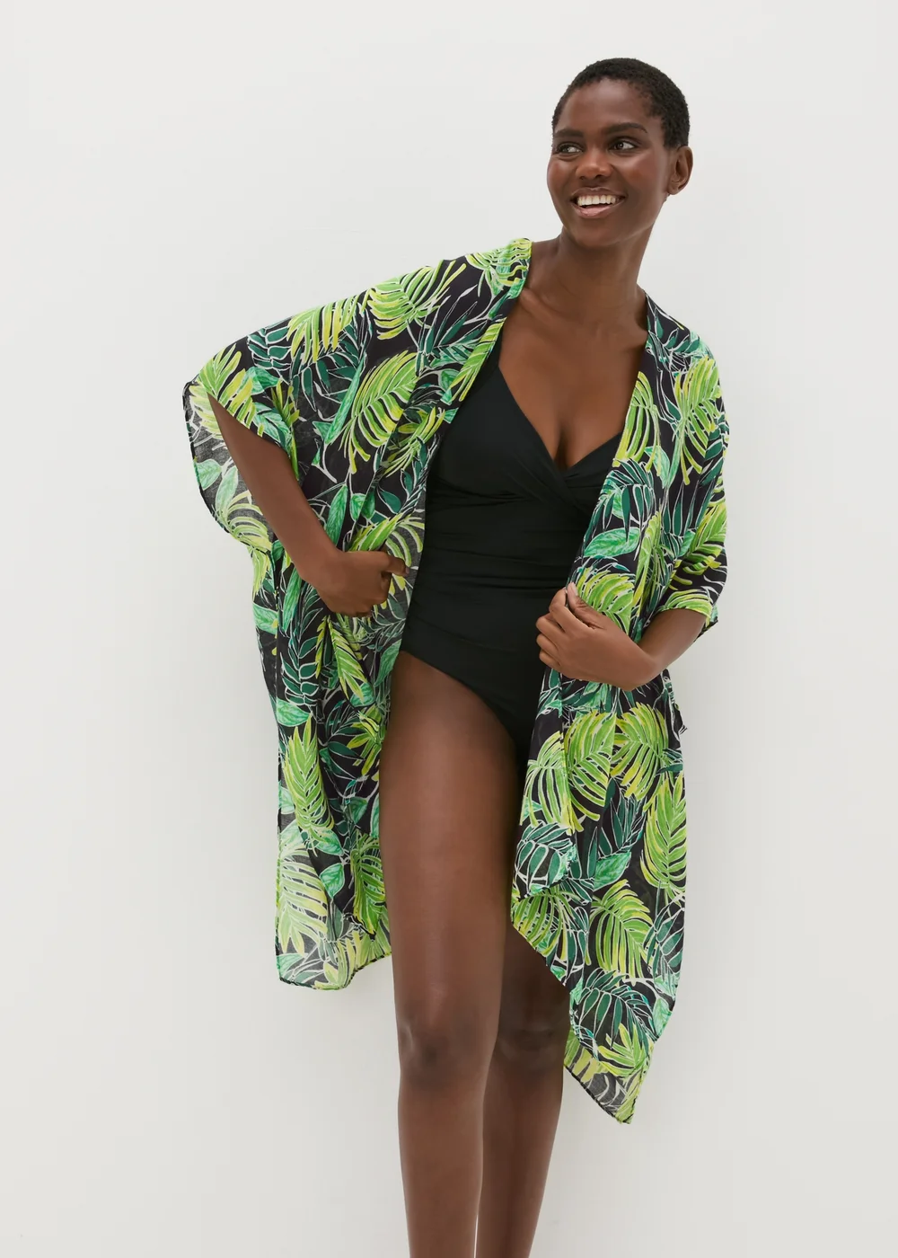 Green Tropical Leaf Print Kimono - One Size Image 1
