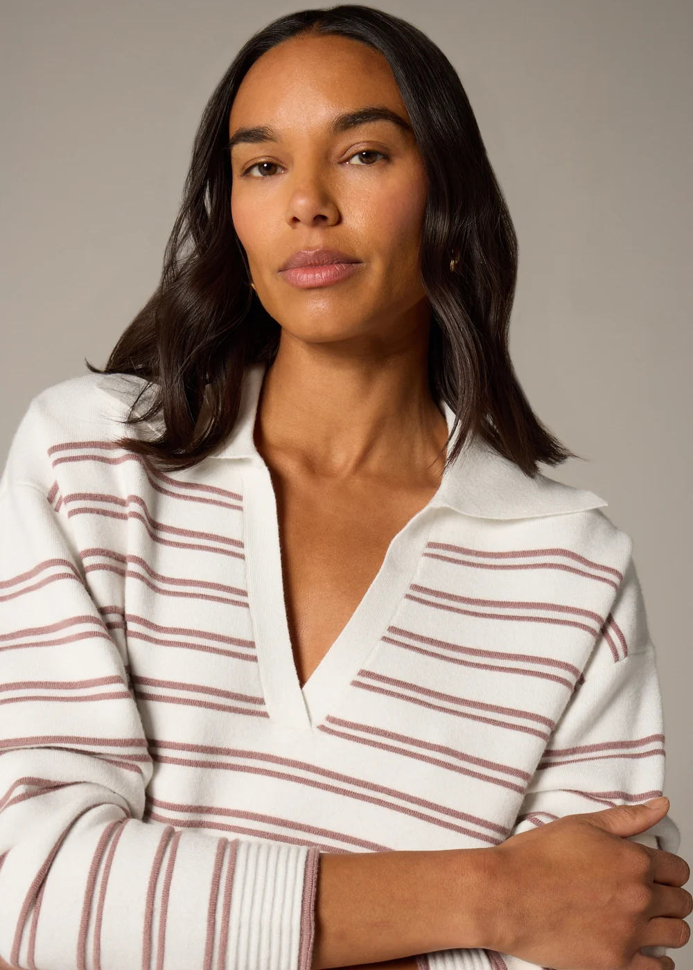 Et Vous Pink Stripe V-Neck Polo Jumper - 8 Image 3