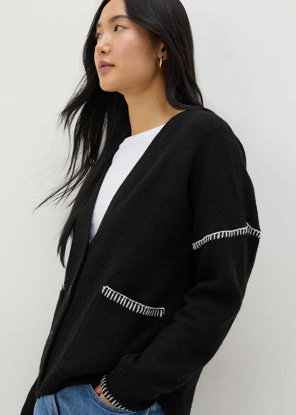 Black Contrast Stitch Cardigan - S Image 2