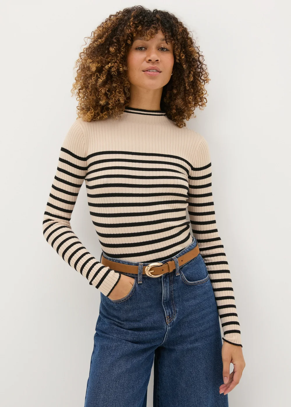 Cream Stripe High Neck Jumper - XS Image 1