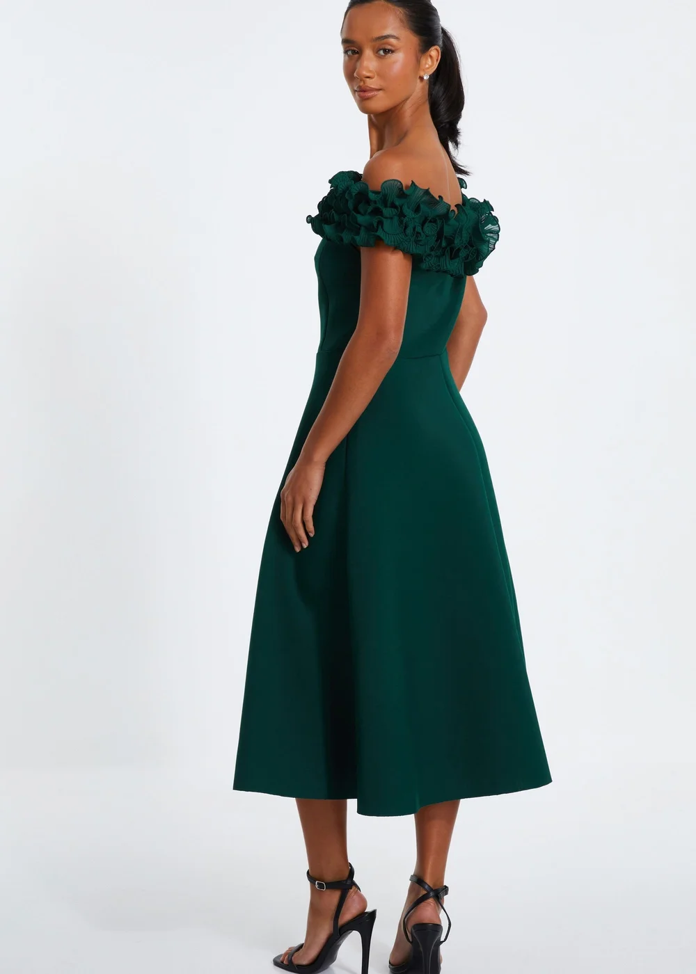 Quiz Green Petite Bardot Ruffle Skater Midi Dress - 4 Image 2
