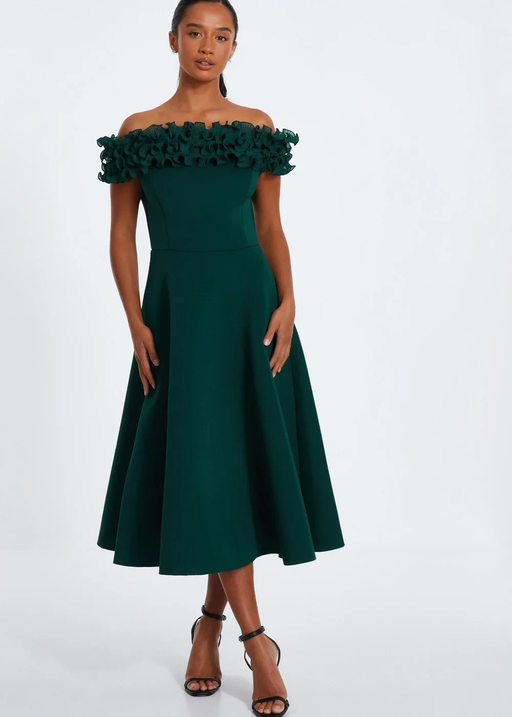 Quiz Green Petite Bardot Ruffle Skater Midi Dress - 4 Image 1
