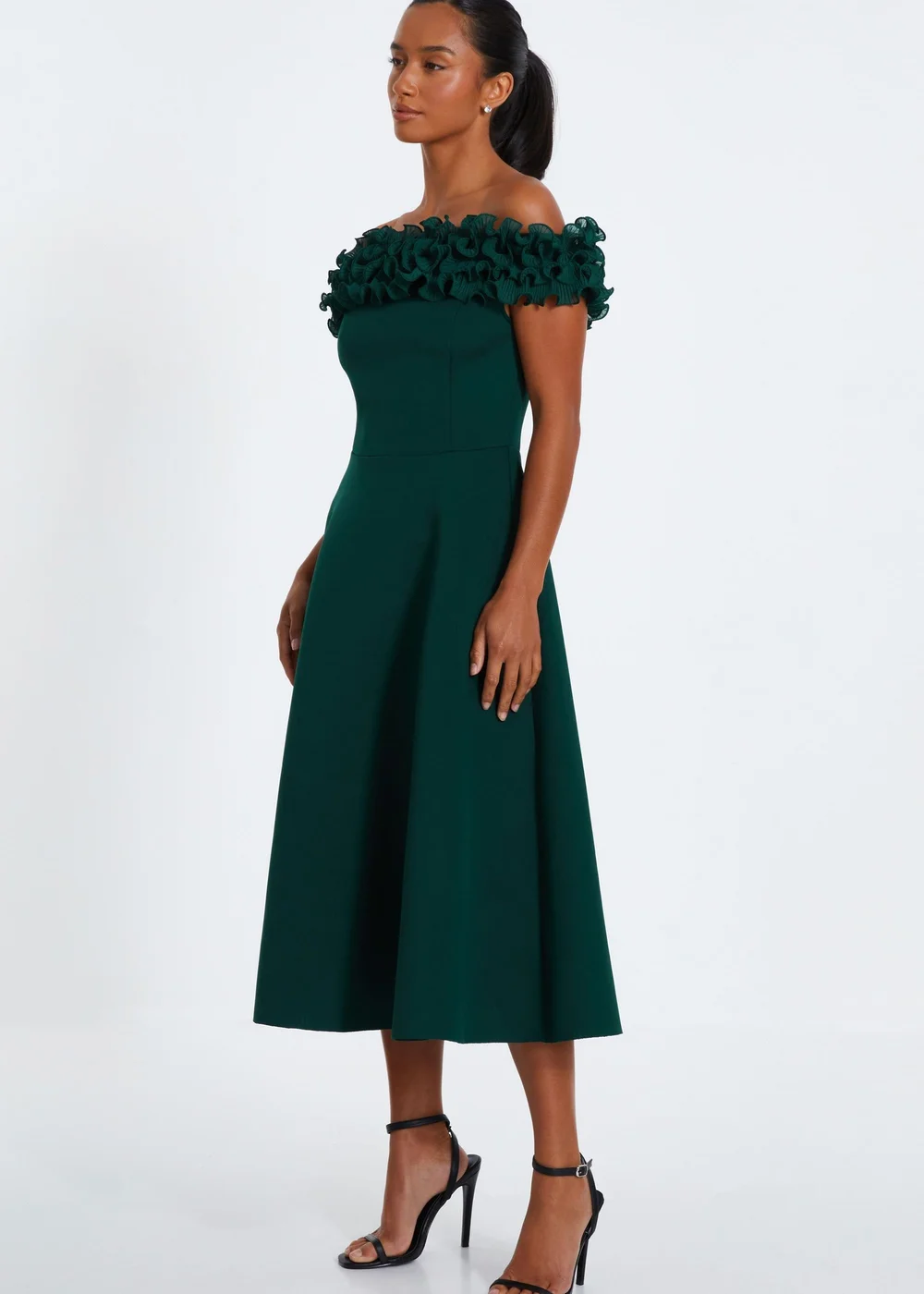 Quiz Green Petite Bardot Ruffle Skater Midi Dress - 4 Image 3
