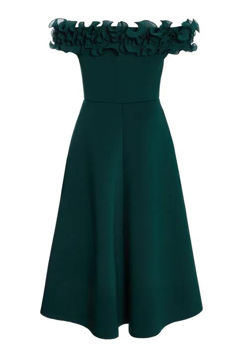 Quiz Green Petite Bardot Ruffle Skater Midi Dress - 4 Image 5