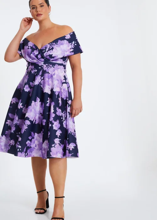 Quiz Navy Curve Floral Bardot Midi Dress - 16 Image 1