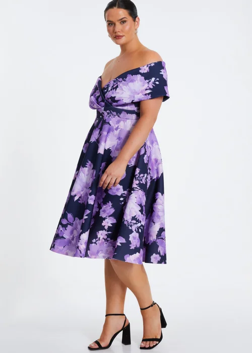 Quiz Navy Curve Floral Bardot Midi Dress - 16 Image 3