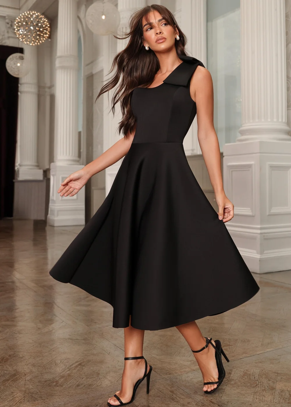 Quiz Black One Shoulder Bow Skater Midi Dress - 14 | Matalan Quiz Black One Shoulder Bow Skater Midi Dress - 14 | Matalan