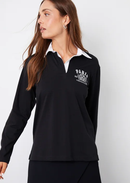 Threadbare Black Apollo Paris Embroidery Rugby Shirt - Size 10 Image 1