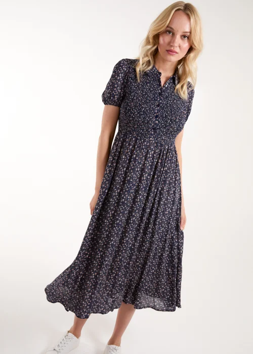 Blue Vanilla Navy Puff Sleeve Shirred Midi Shirt Dress - M Image 1