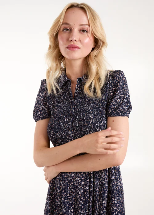 Blue Vanilla Navy Puff Sleeve Shirred Midi Shirt Dress - M Image 3