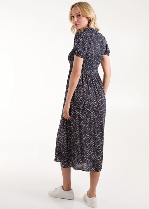 Blue Vanilla Navy Puff Sleeve Shirred Midi Shirt Dress - M Image 2