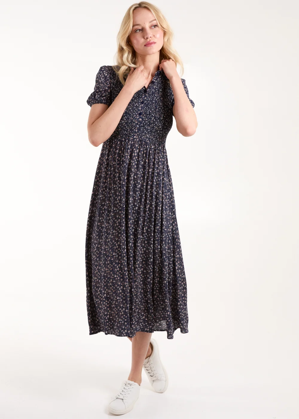 Blue Vanilla Navy Puff Sleeve Shirred Midi Shirt Dress - M Image 4