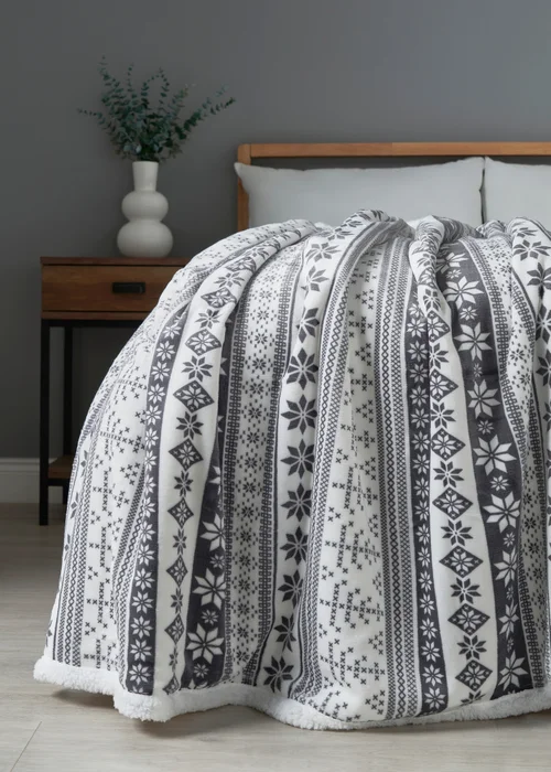 BHS Grey Fair Isle Throw with Faux-Shearling Back - One Size Image 5